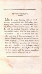 This image presents an advertisement for a drama by James Boaden titled The Maid of Bristol. The advertisement is entirely text, with no illustrations, and bordered by a double line above and below the text. 