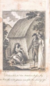 The frontispiece shows a woman crouching by a building while a gentleman an lady walk by.