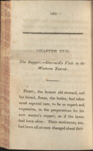 This image shows page 180 of volume two, which is the beginning of Chapter XVII. The page number is labelled in the top center, and a long line scores through the top fourth of the page. Under the line is “CHAPTER XVII.” Below the chapter number is the title: “The Supper. –Gerrard’s Visit to the Western Turret.” Between the chapter number and title is a strip of discoloration that begins on the left side of the page and extends about three fourths of the way to the right, partially fading the chapter number. Underneath the chapter title is a short line, below which the text of the chapter begins. The fore-edge marbling on the paper can be seen on the left.