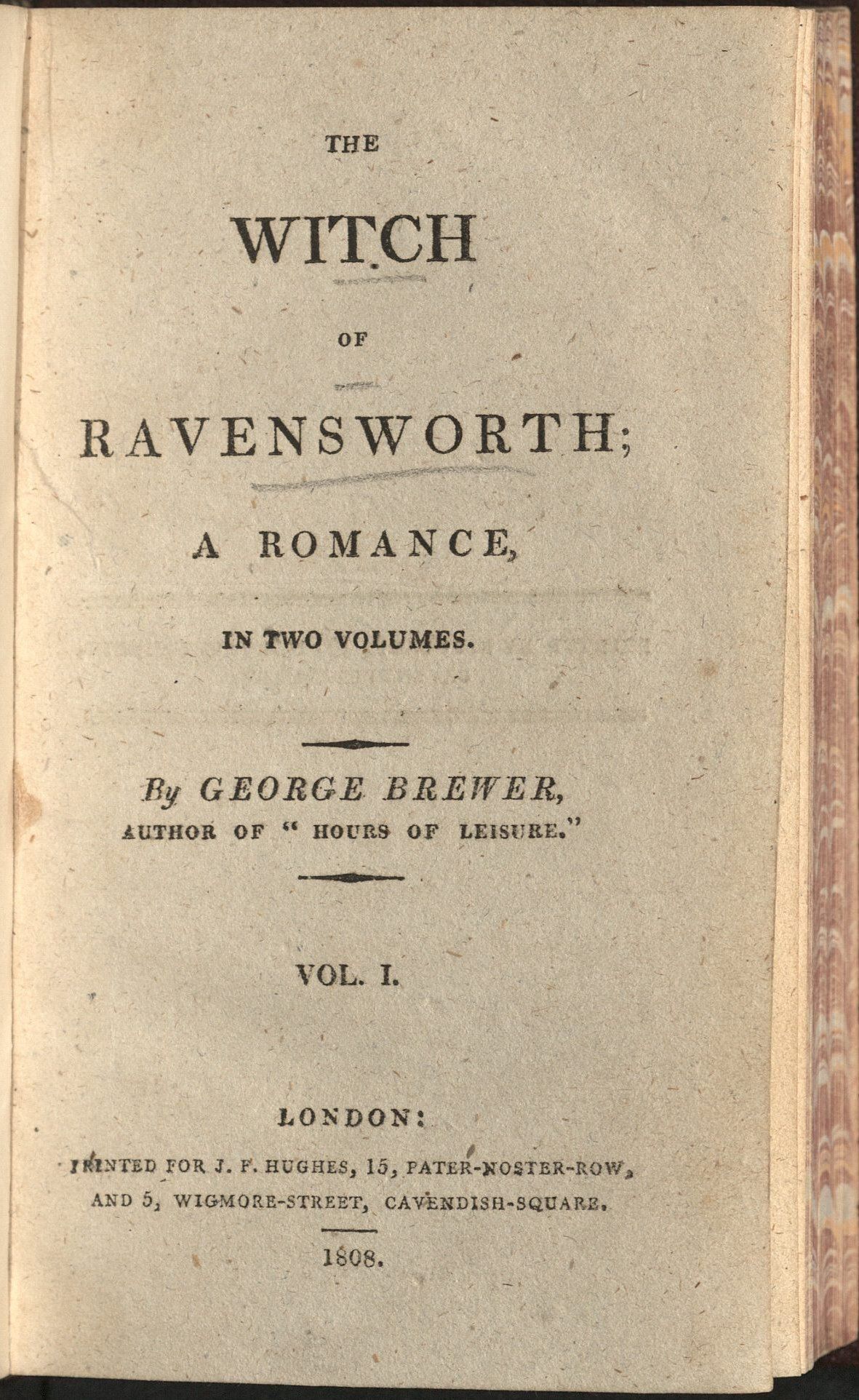 This image is of the title page of volume one of The Witch of Ravensworth. It includes the full title in large font, the author, the volume number, and the publishing information. The title is underlined in pencil.